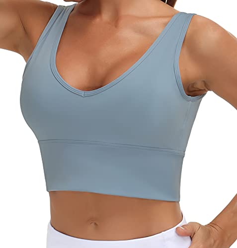 THE GYM PEOPLE Womens Longline Sports Bra Padded Crop Tank Tops Workout Yoga Bra with Removable Pads (Denim Blue, Small, s)