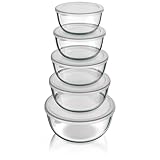 Arendo - Salatschüssel aus Glas mit Deckel - Glasschüssel 5er Set - 1000ml + 1500ml + 2000ml + 2700ml + 4400ml – Rührschüsseln klein bis groß – Borosilikatglas - Glasschale Salatglasschale
