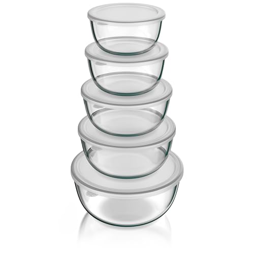 Arendo - Salatschüssel aus Glas mit Deckel - Glasschüssel 5er Set - 1000ml + 1500ml + 2000ml + 2700ml + 4400ml – Rührschüsseln klein bis groß – Borosilikatglas - Glasschale Salatglasschale