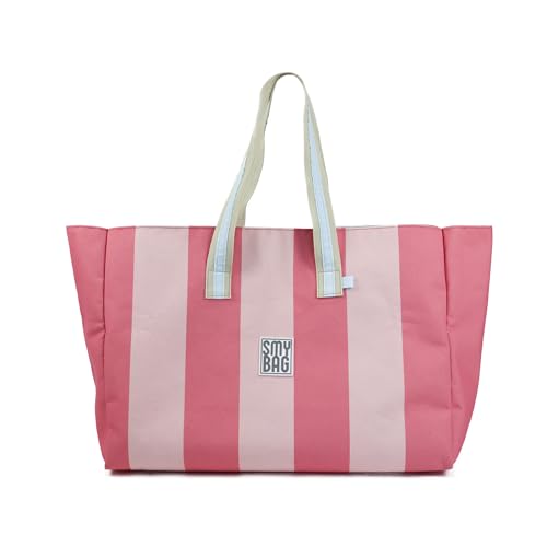 Ponette - Bolsa de Playa Familiar XXL de Rayas Fresa y Rosa con Asas Celeste y Crudo, Forro, Bolsillo, Cintas para Cierre, Playa, Piscina, Tote, Marca Española