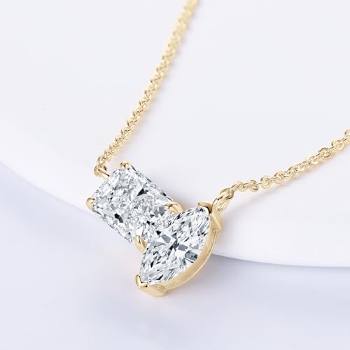 Radiant and Marquise Cut Moissanite Pendant Necklace, 3cttw D Color VVS1 925 Sterling Silver Dainty Pendant for Women Wife Girlfriend Jewelry Gifts (Gold)4