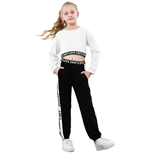 Image of Betusline Girls Clothing Sets, 2 Pieces Pullover Crop Sweatshirt + Running Pants Cropped Sweatsuit Tennis Clothes Set, Butterfly White Black, 9-10 Years