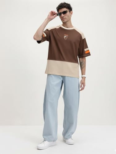 Image of crazymonk Lone Wolf Oversized T-Shirt-Brown & Beige