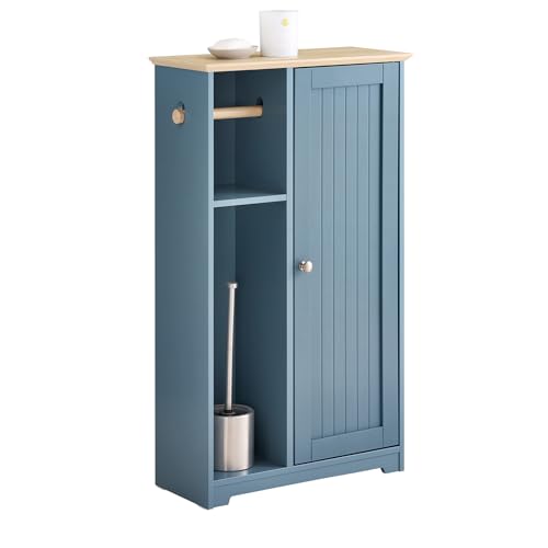 SoBuy Mueble de baño con portarrollos para Papel higiénico y escobillero con 1 Puerta, Color Azul, 50 x 21 x 86 cm BZR189-HG ES