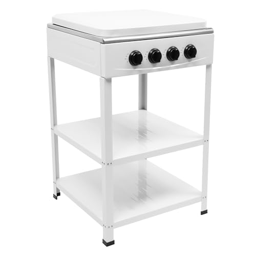 Estufa de gas con cuatro quemadores, encimera de gas blanca independiente, 49 × 49 × 79 cm, gran cocina de camping para exteriores con placa de cubierta extraíble, adecuada para camping, pesca, viajes