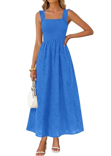Image of KIRUNDO Summer Lace Dress for Women Eyelet Maxi Sundress | Boho Sleeveless Cotton Flowy Long Dresses, Wedding Guest, Beach Vacation, Baby Shower Guest Dress, Smocked Bust, With Pockets