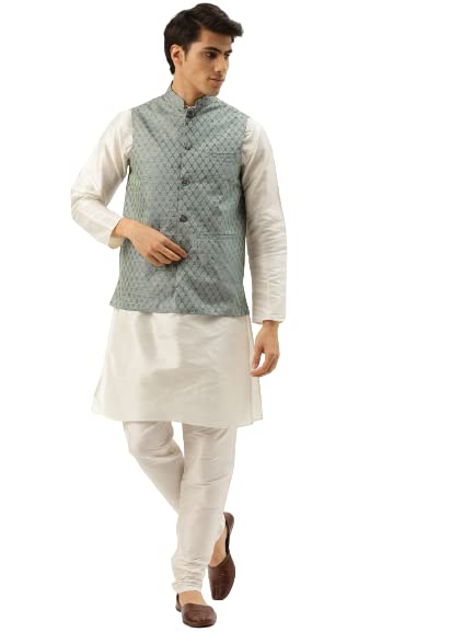 Image of SOJANYA (Since 1958 Men's Silk Blend Off White Kurta Pyjama & Maroon Self Design Nehru Jacket Combo