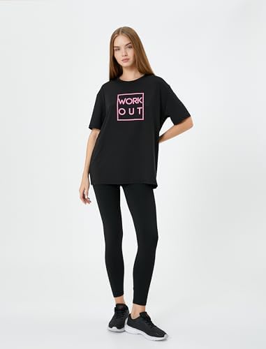 KOTON Kadın Oversize Spor Tişört Kısa Kollu Bisiklet Yaka Baskılı, Siyah, XS - Görsel 3