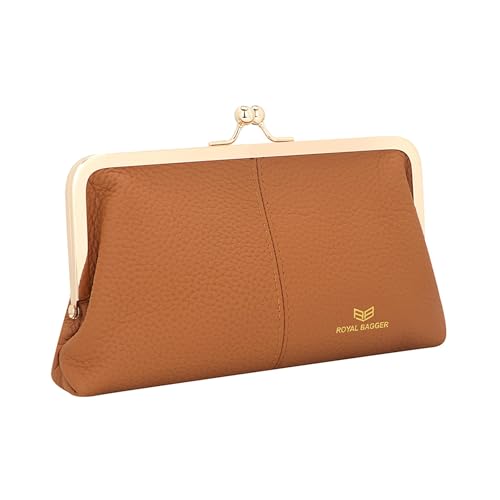 Image of Royal Bagger RFID Kiss Lock Wallet, Solid Color Multi-card Slots Card Holder, Genuine Leather Clutch Purses for Women 1468 (Brown)