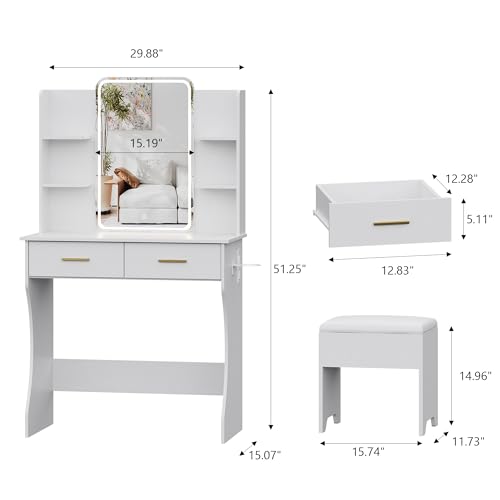 Image of Small Vanity Desk with Mirror and Lights, Makeup Vanity with LED Lights, White Vanity Mirror with Lighted Desk and Chair, 3 Lighting Adjustable Compact Dressing Table with Mirror for Women, Girls