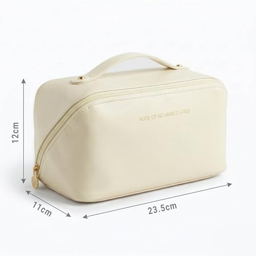 Image of Cosmetic Bag for Women, PU Leather Makeup Pouch, Large Capacity Travel Makeup Organizer with Divider & Handle, Waterproof Portable Vanity Storage Bag for Toiletries (White)