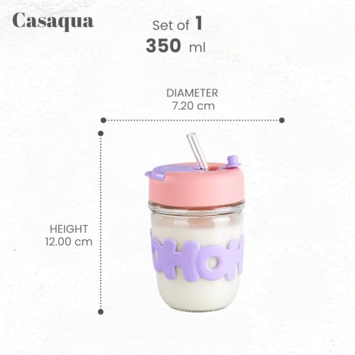 Image of Glass Tumbler with Lid & Straw - 350ml, Set of 1, Leakproof Drinking Cup, Silicone Sleeve, Reusable Iced Coffee Cup for Water, Juice, Milk, Bubble Tea & Gifts (Random Color)