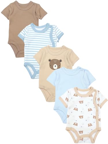 TupTam Baby Body Kurzarm Jungen – Wickelbody Kurzarm aus Baumwolle im 5er Set – OEKO-TEX Zertifiziert, Farbe: Bärchen Blätter Beige Eisberg, Größe: 68