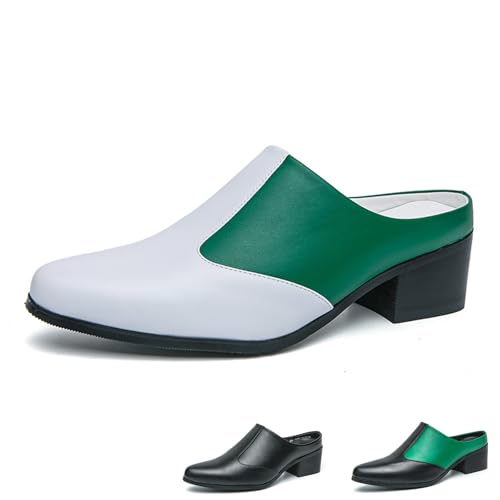 Men's Color Blocked Leather Casual Low Chunky Heel Mules Fashion Comfortable Breathable Closed Pointed Toe Slip-On Dress Block Heel Pump Sandals for Party Office