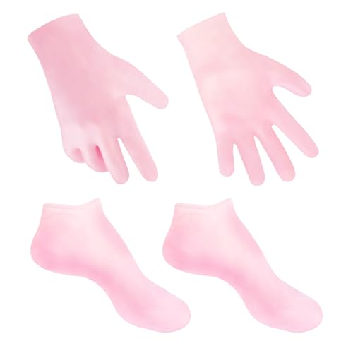 MoyRetty Juego de 2 pares de calcetines hidratantes con guante, calcetines de spa de gel de silicona para piel seca y agrietada, calcetines de talón de gel de silicona antideslizantes, para suavizar las manos de los pies, callos, cuidado de pies después de la pedicura (rosa)