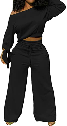 Sexycherry Casual 2 Piece Tracksuits For Women Long Sleeve Off Shoulder Sweatsuit With Bandage Long Pants Wide Leg Loose Joggers With Drawstrings Pockets #TOP1