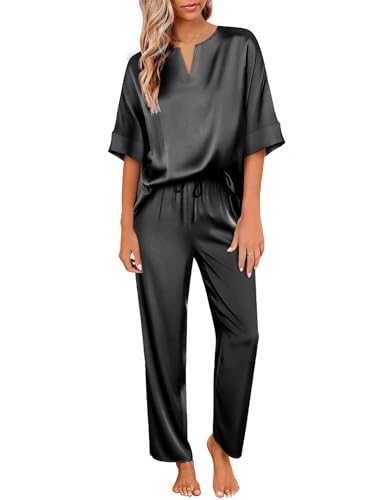 Ekouaer Satin Pajama Set Womens Silk Short Sleeve V Neck Shirt with Long Pant Soft Loungewear Pjs Set Black