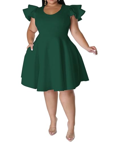 Image of IyMoo Women's Plus Size Cape Flutter Sleeve Stretchy A Line Swing Flared Skater Cocktail Party Dress with Pockets