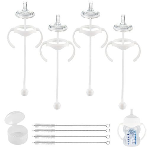 Image of Sippy Straw Cup Conversion Kit for Dr Browns Wide-Neck Baby Bottles, Spill-Proof Transition Kit with Silicone Sippy Nipple, Weighted Straw, Handle, 4 Pack, 8m+