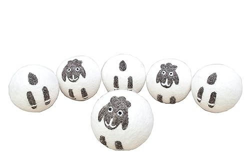 Pachamama Handmade XL Wool Tumble Dryer Balls 7cm 6 Pk Reduce Drying Time Save Energy Fabric Soften Reduce Static Reduce Wrinkles Unscented Long Life - Cute Sheep Pattern Felted by Hand Fair Trade