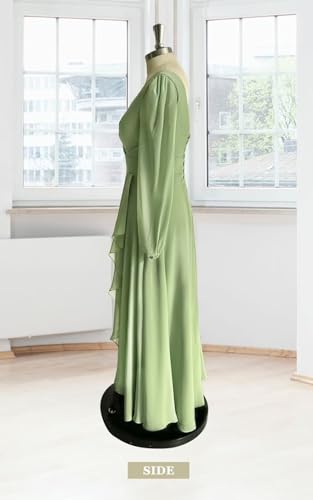 PYEFA Long Sleeves Bridesmaid Dresses for Wedding Women with Slit Ruffle V Neck Chiffon Long Formal Dress4