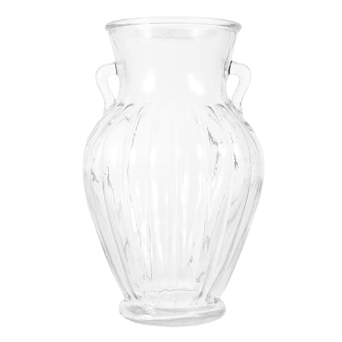 ULTECHNOVO Jarrón de Vidrio Transparente Decorativo con Doble Asa y Rayas, Florero Moderno para Decoración de Hogar, Oficina y Bodas, Soporte para Plantas Hidropónicas, Adorno de Escritorio