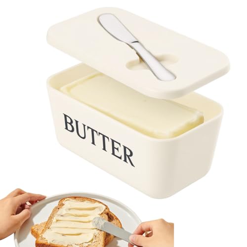 Uqingo Butter Dish with Lid and Butter Spreader Knife, Plastic Butter Holder Tray Container for Countertop and Refrigerator Door Shelf, Easy Scoop Dishwasher Safe - White