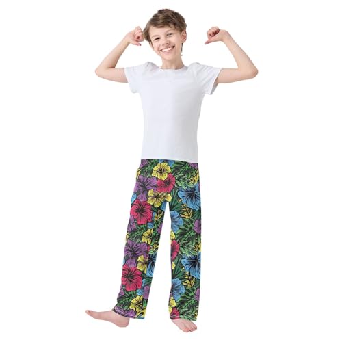 ZZXXB Colorful Print Hibiscus Flowers Boys Long Pants Soft Trousers Elastic Waist Kids Lounge Bottoms with Pockets S-XL2