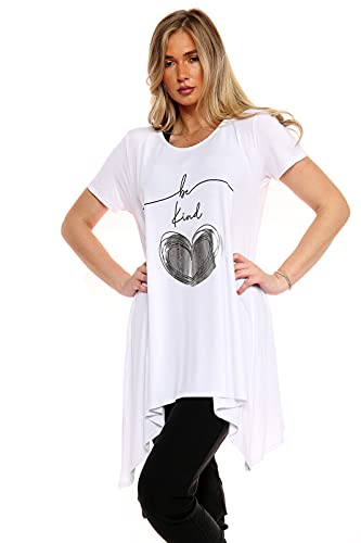 Purple Hanger New Womens Plus Size Uneven Hanky Hem Short Sleeve T-Shirt Top Ladies Floral Rose Print Jersey Tunic (26-28, White)