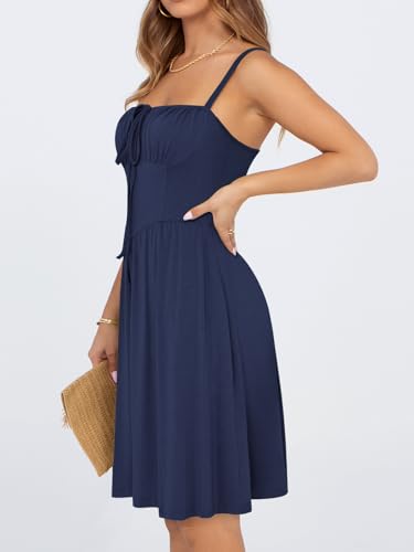 Image of YATHON Summer Mini Corset Sun Dress for Women Short Casual Square Neck Lace Up Floral Beach Vacation Dresses with Pockets