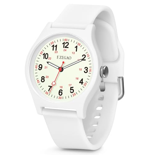 F.ZEGAO Nurse Watch with Second Hand Nursing, Ladies Waterproof Watch for Swimming, 24 Hour Military Watch Luminous Easy to Read Nursing School Watch, White