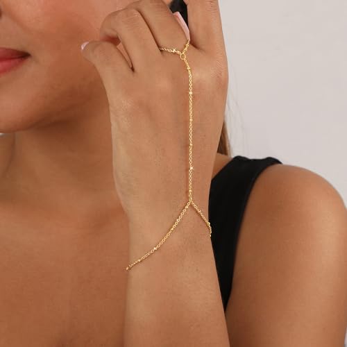 Hand Chain Bracelet for Women,Dainty 14K Gold/Silver Plated Finger Ring Chain Bracelet Cubic Zirconia Satellite Beads Hand Jewelry Body Trendy Jewelry Waterproof Gifts for Her3
