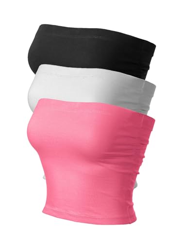 Image of MixMatchy Women's 3 Pack Tube Top Built-in Bra Strapless Ruched Bandeau