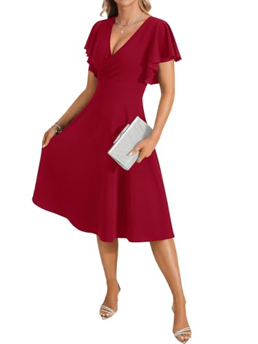 Image of LYANER Women's Warp V Neck Ruffle Short Sleeve A Line Swing Flared Cocktail Party Midi Dress