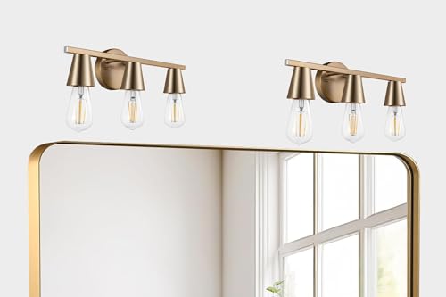 Image of 3-Light Modern Brass Wall Sconces Lighting with Metal Shade, Matte Gold Vanity Light Over Mirror, Rustic Industrial Bathroom Light Fixtures for Living Room Hallway Kitchen Porch E26 Base