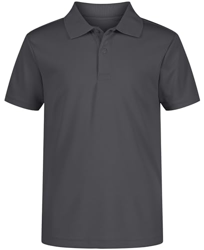 Image of Nautica Boys' School Uniform Short Sleeve Polo Shirt, Button Closure, Moisture Wicking Performance Material, Charcoal, 10-12
