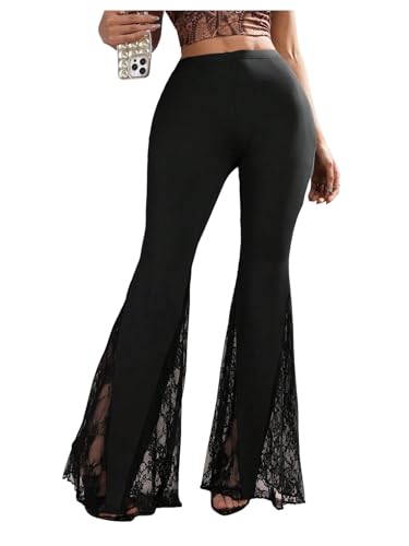 Women's Y2K Sheer Lace Flare Pants Low Rise Elastic Waist Skinny Bell Bottoms Casual Trousers