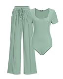 BTFBM Womens Casual 2 Pieces Outfits Dressy Square Neck Short Sleeve Bodysuit Drawstring Pants Knit Lounge Matching Sets(Fruit Green, Medium)