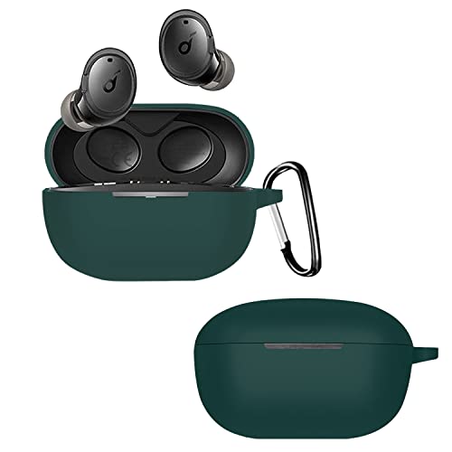 Soundcore Life A3i / Dot 3i 用 ケース YAJOJO ワイヤレス イヤーホン 充電ケースカバー カラビナ・キーチェーン付き シリコン保護ケース 落下防止 耐衝撃 防塵 キズ防止 指紋防止 (濃い緑色)