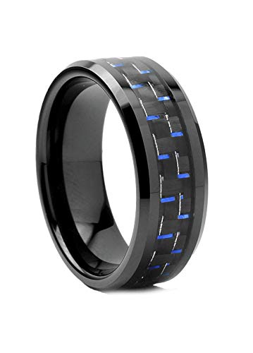 Ultimate Metalsu00ae Anillo Tungsteno Negro, Banda de Boda para Hombre con Fibra de Carbono Negro y Azul 8MM