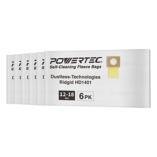 POWERTEC 75054-P2V 5-Ply Fleece Filter Bags for Dustless-Technologies 12-18 Gal/Ridgid HD1401 Wet Dry Vacuum - 6 Pack