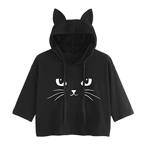 DUOROUPUTAO Femme T-Shirts à Manches Courtes Chat Motif avec Chapeau Oreilles de Chat Cover