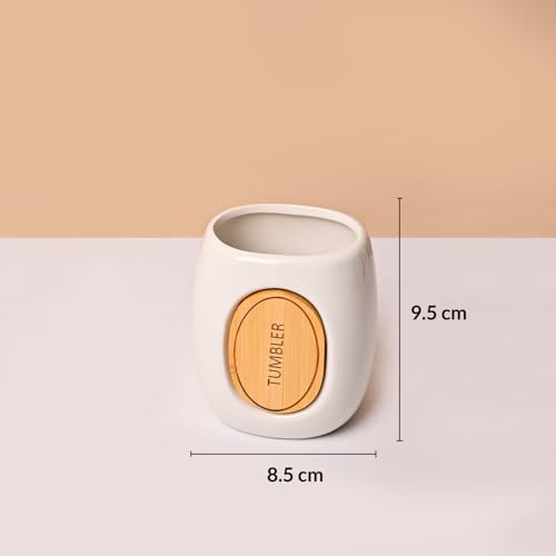 Image of Market99 Ceramic Bathroom Set Glossy White with Sophisticated Classic Text Pattern, Includes Soap Dispenser, Tumbler, Toothbrush Holder, and Soap Dish for Coordinated Bathroom Style, 400 ML Capacity