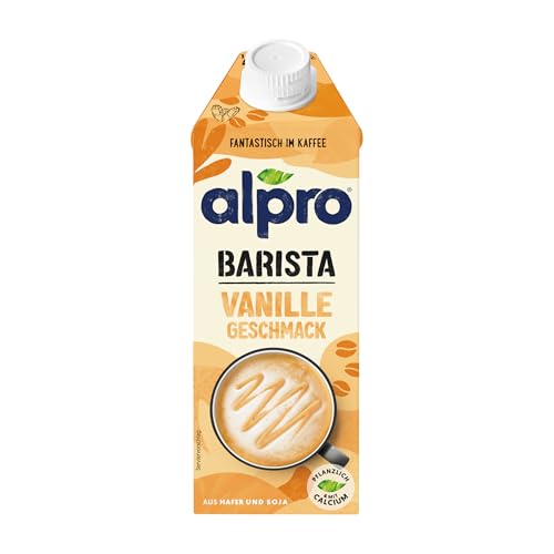 Alpro Barista Vanille – Zum Aufschäumen – Von Natur aus laktosefrei – Reich an Ballaststoffen, Calcium und Vitaminen – 8 x 750 ml – Haltbar