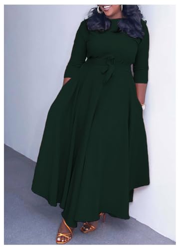 Image of Hostoyo Women Plus Size Formal A Line Maxi Dress Self Tie Waist with Pockets Elegant Round Neck Swing Long Dresses