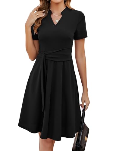 Mokayee Womens Summer Short Sleeve V Neck Fit and Flare A Line Business Casual Wedding Guest Work Dresses with Pockets