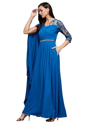 Image of Miss Chase Women's V-Neck Full Sleeve Self Design Lace-Overlaid Georgette Maxi Dress