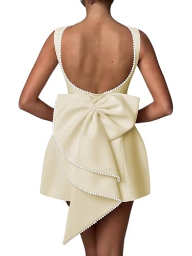 Image of Mini Pearl Cocktail Dress with Bow Satin Evening Dress Backless Bodycon Formal Party Gowns ADN002