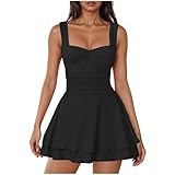 AMhomely Vestido corto con volantes y cintura fruncida para mujer, cuello cuadrado, sin mangas, acampanado, para fiesta de noche, invitada de boda, S35 negro, XL