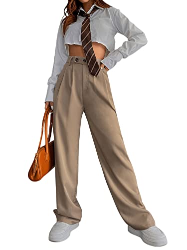 SweatyRocks Women's Casual Button Front Pleated Pants Solid Wide Leg Loose Pocket Pants3